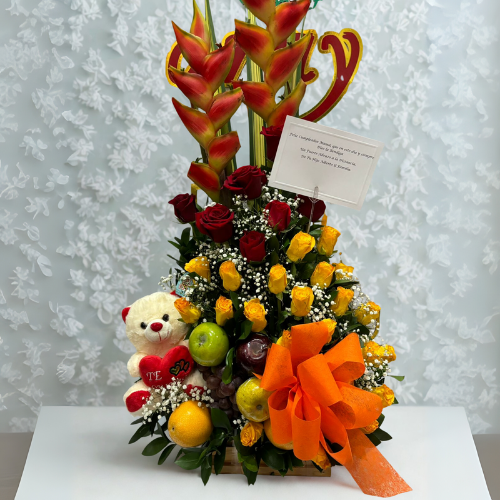 🌸🍇 Arreglo Floral con Frutas Encanto – Frescura, Color y Sabor🎁✨