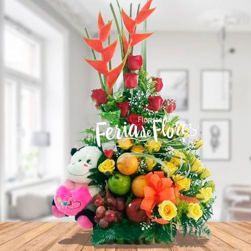 FL077 Arreglo Floral con Frutas Encanto 1