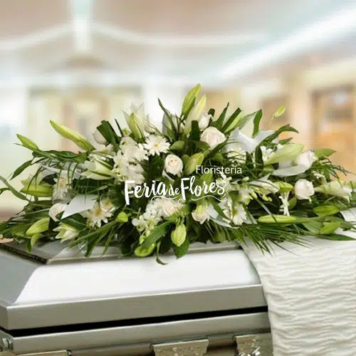 Funeral Arrangement Covers Box With White Roses and Lilies