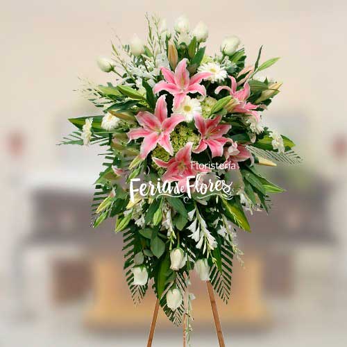 Sacred Funeral Pedestal, Fuchsia Lilies, White Roses, Green Foliage