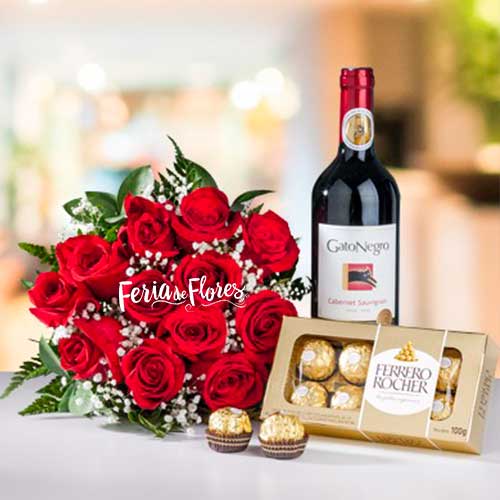 Bouquet of Roses, Wine and Chocolates