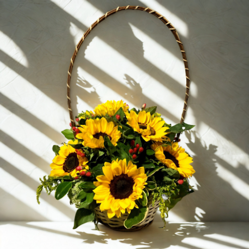 Floral Basket with 12 Sunflowers