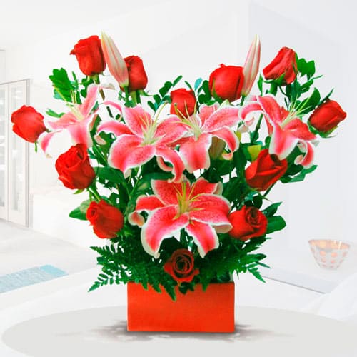Flower Arrangement Happy With You Red Roses, Lilies...