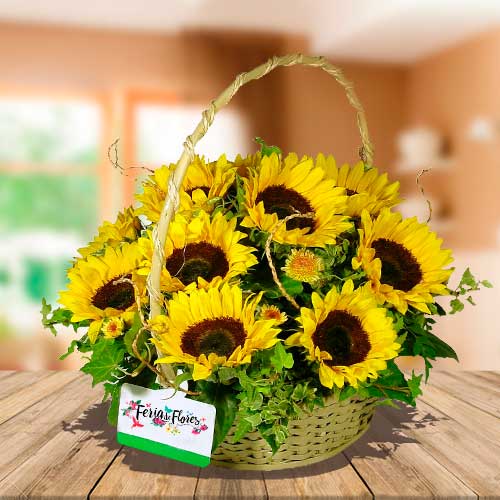 Canasta Floral con 12 Girasoles, Girasoles, Follajes verdes...