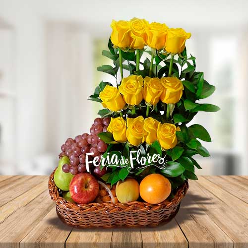 Floral Arrangement With Paradise Fruits, 12 Roses, Grapes, Pear...