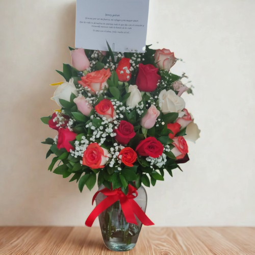 Vase with 18 Multicolored Roses
