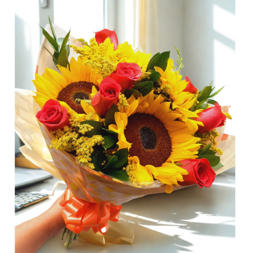 Bouquet of Red Roses and Sunflowers