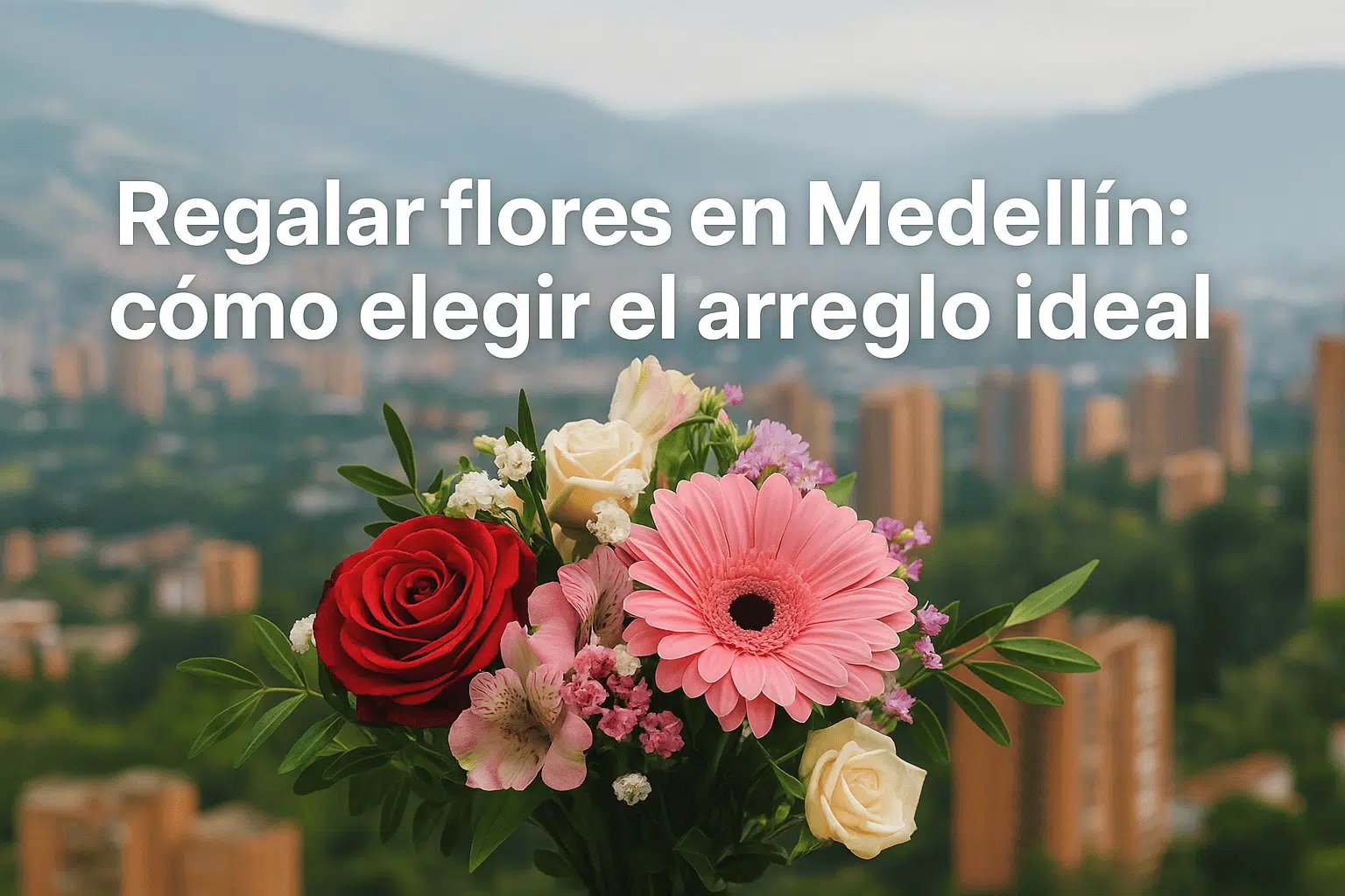 Ramo de flores con rosa roja y gerbera rosa frente al paisaje urbano de Medellín con texto Regalar flores en Medellín: cómo elegir el arreglo ideal