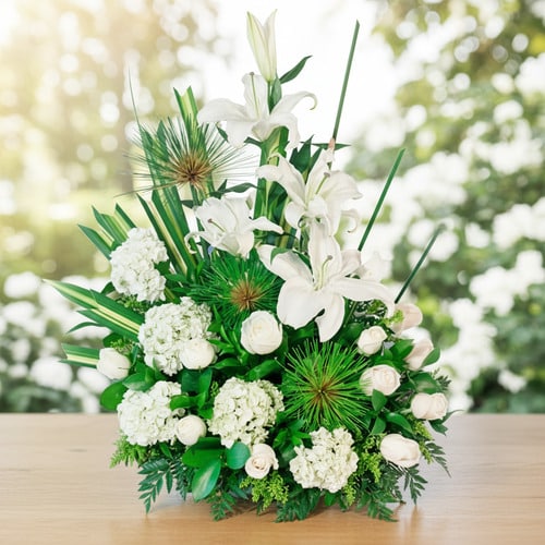 Elegant arrangement of white lilies, roses, and greenery on a wooden table with blurred garden background