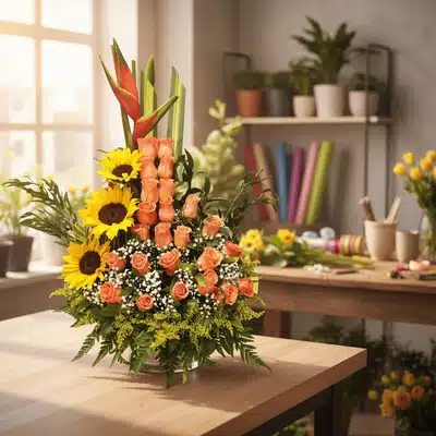 Arreglo floral con girasoles, rosas naranjas y follaje verde sobre mesa de madera en un taller de floristería iluminado por una ventana