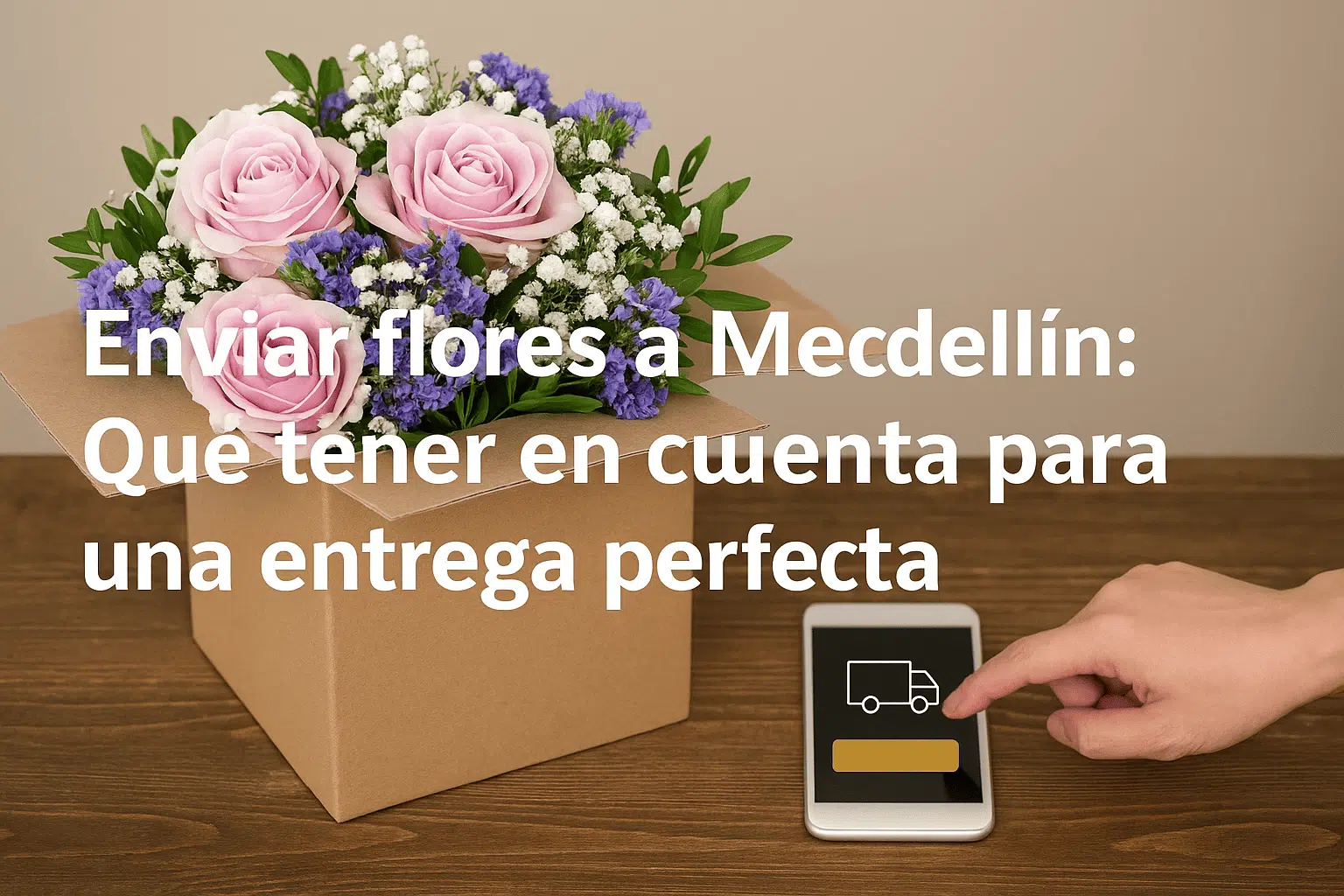 Ramo de rosas rosadas y flores blancas y moradas dentro de una caja de cartón sobre una mesa de madera, junto a una mano que toca la pantalla de un teléfono móvil con icono de camión de reparto y texto superpuesto que dice 'Enviar flores a Medellín: Qué tener en cuenta para una entrega perfecta'