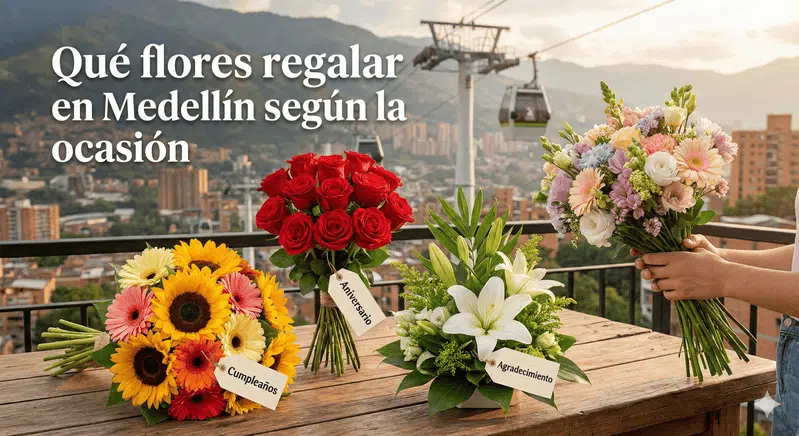 Ramos de flores para cumpleaños, aniversario y agradecimiento en una terraza con vista a Medellín y su teleférico