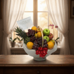 Canasta blanca con piña, uvas, naranjas y manzanas decorada con lazo rojo sobre mesa de madera frente a ventana con cortinas claras