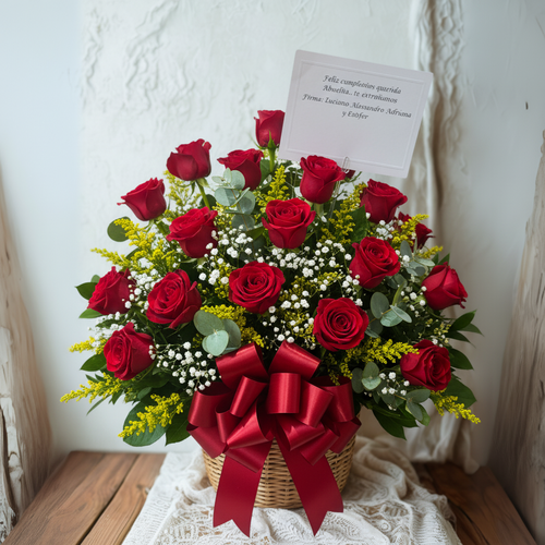 Canasta de mimbre con arreglo de rosas rojas, flores blancas pequeñas y follaje verde, decorada con lazo rojo y tarjeta sobre fondo claro