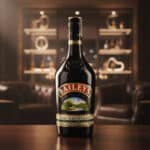 Botella de licor Baileys Original Irish Cream sobre una barra de madera con un salón elegante desenfocado al fondo