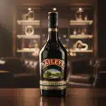 Botella de licor Baileys Original Irish Cream sobre una barra de madera con un salón elegante desenfocado al fondo