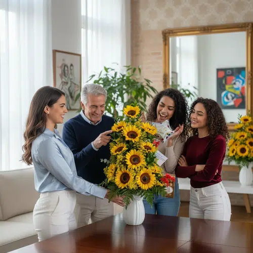 Grupo de cuatro personas sonriendo alrededor de un gran arreglo de girasoles en un florero blanco sobre una mesa de madera en una sala iluminada