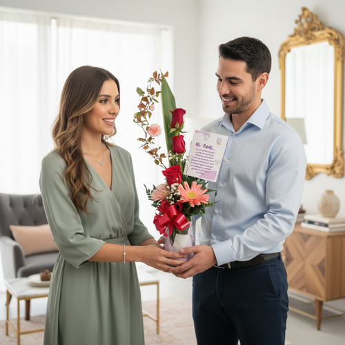 Hombre joven entrega a una mujer un arreglo floral con rosas rojas, gerberas y tarjeta en una sala de estar luminosa y moderna