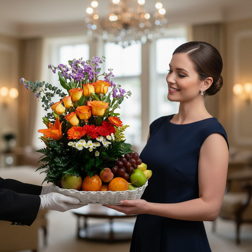 Mujer con vestido azul recibiendo una canasta de mimbre con frutas frescas y arreglo de flores de colores en una sala iluminada y elegante