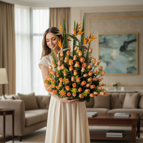 Mujer joven con vestido claro sosteniendo un gran arreglo de rosas naranjas y flores exóticas en una sala de estar luminosa y elegante