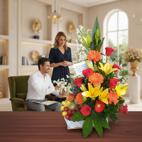 Arreglo floral con rosas rojas, gerberas naranjas y lirios amarillos sobre mesa de madera, con una pareja conversando en una oficina elegante al fondo