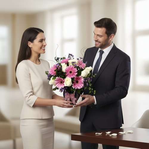Hombre con traje oscuro entrega un ramo de flores rosas y blancas a una mujer con vestido beige en una oficina luminosa