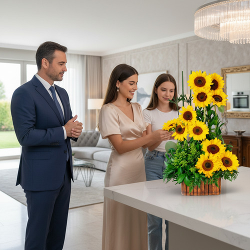 Hombre con traje y dos mujeres organizando un arreglo de girasoles sobre una isla de cocina en una sala de estar moderna y luminosa
