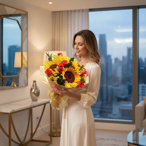Mujer joven con vestido blanco sosteniendo un ramo de girasoles y rosas rojas en un elegante salón con ventanales y vista urbana al atardecer