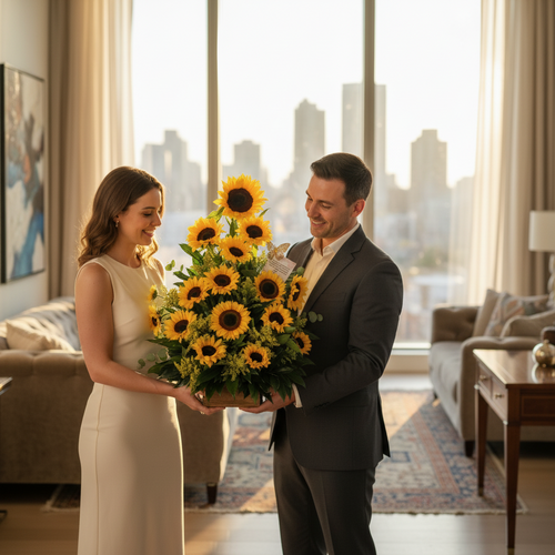 Hombre con traje entregando a una mujer con vestido blanco un gran ramo de girasoles en una sala de estar luminosa con ventanales y vista a la ciudad