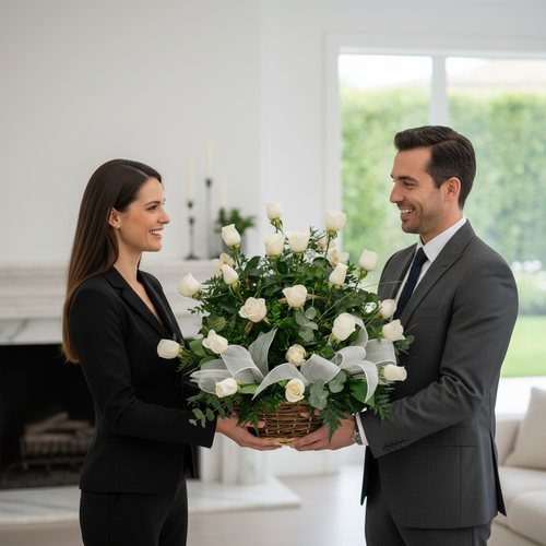 Hombre y mujer vestidos de traje oscuro sostienen juntos una canasta de rosas blancas y follaje verde en una sala luminosa
