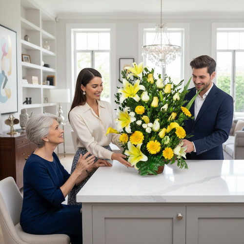Tres personas en una cocina moderna colocando un gran arreglo floral amarillo y blanco sobre una isla blanca
