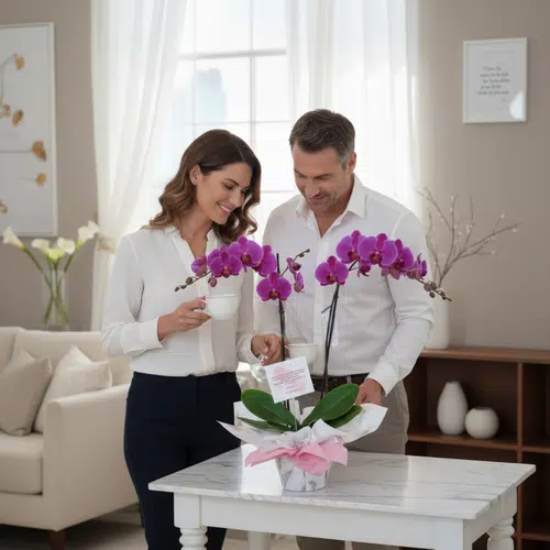 Hombre y mujer de pie junto a una mesa blanca observando un arreglo de orquídeas moradas con lazo rosa en una sala de estar luminosa
