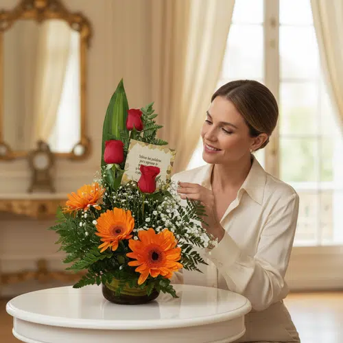 Mujer sonriente coloca una tarjeta en un arreglo floral con rosas rojas, gerberas naranjas y follaje verde sobre una mesa blanca en una sala elegante