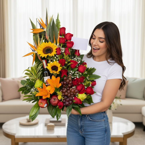 Mujer joven con camiseta blanca sostiene un gran arreglo de flores y frutas con girasoles, rosas rojas, lirios naranjas, uvas y manzanas en una sala de estar luminosa