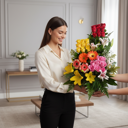 Mujer con blusa beige y pantalón negro sostiene un gran arreglo de flores rojas, amarillas, naranjas y rosas en una sala de estar elegante
