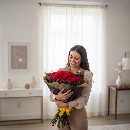 Mujer sonriente con un gran ramo de rosas rojas con lazo amarillo en una sala de estar luminosa y moderna