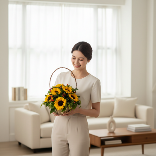 Mujer joven de pie en una sala de estar moderna y luminosa sosteniendo una canasta de flores con girasoles amarillos y follaje verde