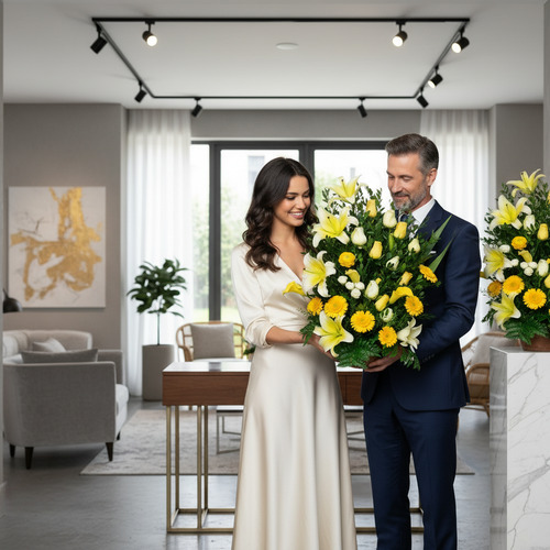 Mujer con vestido de satén claro y hombre con traje azul sostienen un gran arreglo de flores amarillas y blancas en un salón moderno y luminoso