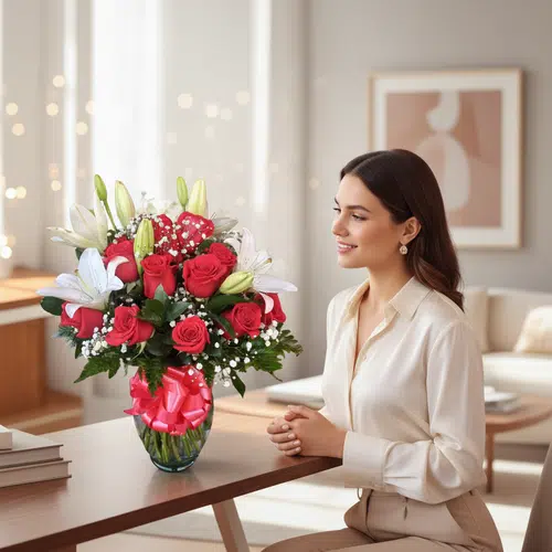 Mujer sentada junto a un jarrón de cristal con rosas rojas, lirios blancos y lazo rosa sobre una mesa de madera en una sala de estar luminosa