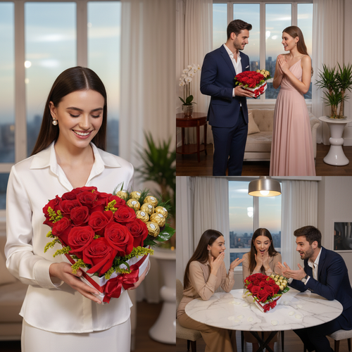 Collage de tres fotos en un apartamento moderno donde una mujer sostiene un ramo de rosas rojas y chocolates, lo recibe de un hombre elegante y luego lo comparte sentada a la mesa con una pareja