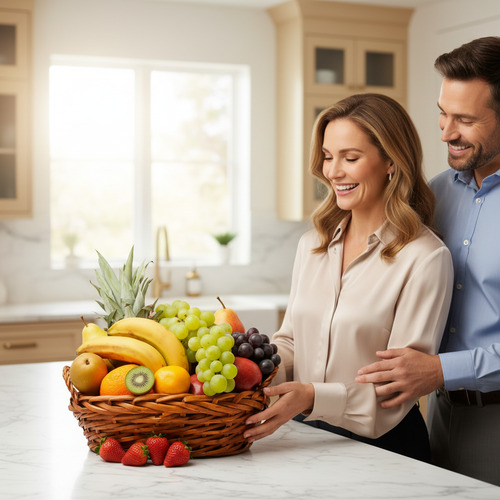 Pareja sonriente en una cocina moderna mirando una canasta de mimbre llena de frutas variadas como plátanos, uvas, piña, naranjas y fresas sobre la encimera