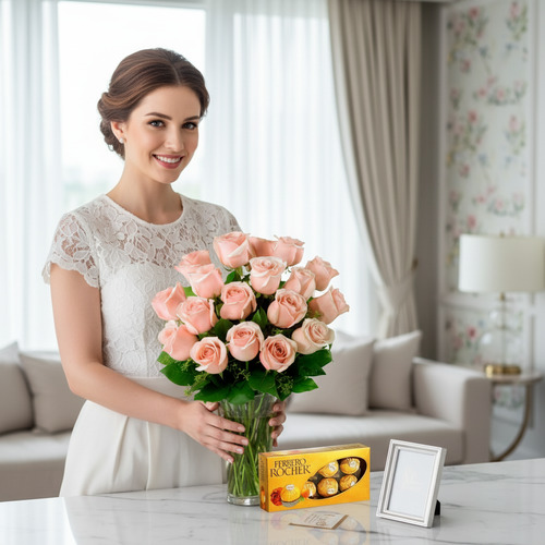 Mujer joven de vestido blanco sosteniendo un gran ramo de rosas color rosa pastel sobre una mesa de mármol, junto a una caja de bombones dorados y un portarretratos en una sala de estar elegante y luminosa