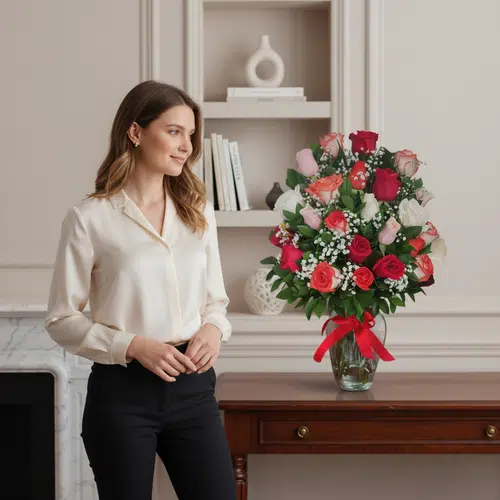 Mujer joven de pie junto a un gran ramo de rosas rojas, rosas y blancas en jarrón de cristal sobre una mesa de madera en una sala elegante