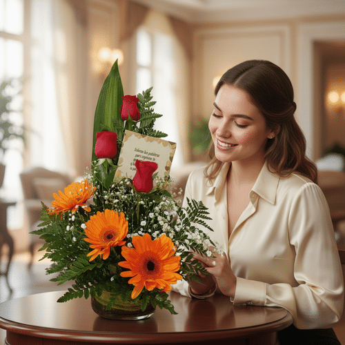 Mujer joven sonriente sentada junto a un arreglo floral con rosas rojas, gerberas naranjas y follaje verde en un jarrón de cristal sobre una mesa en una sala elegante