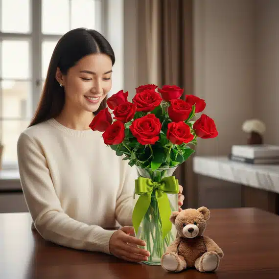 Mujer sonriente sentada a una mesa de madera sosteniendo un jarrón de cristal con rosas rojas y lazo verde, junto a un oso de peluche marrón en un interior luminoso