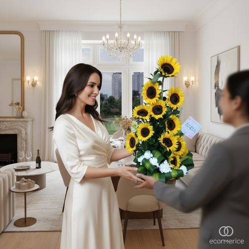 Mujer con vestido blanco recibiendo un arreglo de girasoles y flores blancas de otra persona en una sala de estar luminosa y elegante con ventanal al fondo