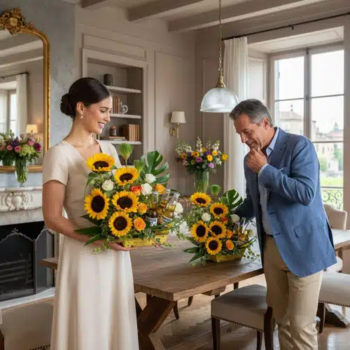 Mujer con vestido claro entrega un gran ramo de girasoles y flores amarillas a un hombre con saco azul en un comedor luminoso con mesa de madera y chimenea al fondo