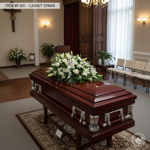 Ataúd de madera oscura con herrajes metálicos y gran arreglo de flores blancas sobre la tapa, situado en una sala de velatorio con sillas, flores y crucifijo en la pared