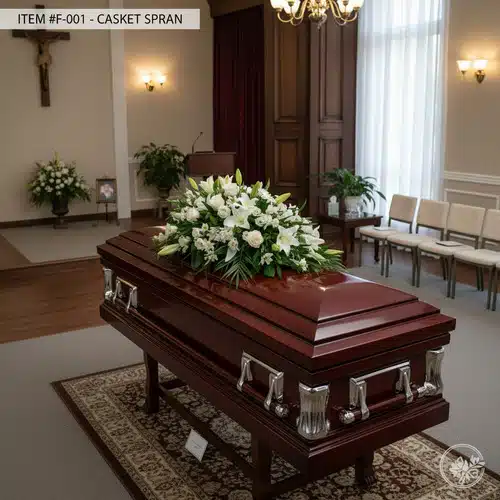 Ataúd de madera oscura con herrajes metálicos y gran arreglo de flores blancas sobre la tapa, situado en una sala de velatorio con sillas, flores y crucifijo en la pared