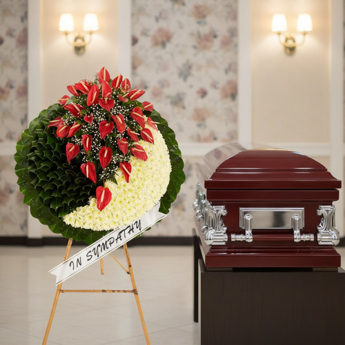 Corona fúnebre redonda con flores rojas y blancas sobre caballete, al lado de un ataúd de madera barnizada en una sala velatoria iluminada